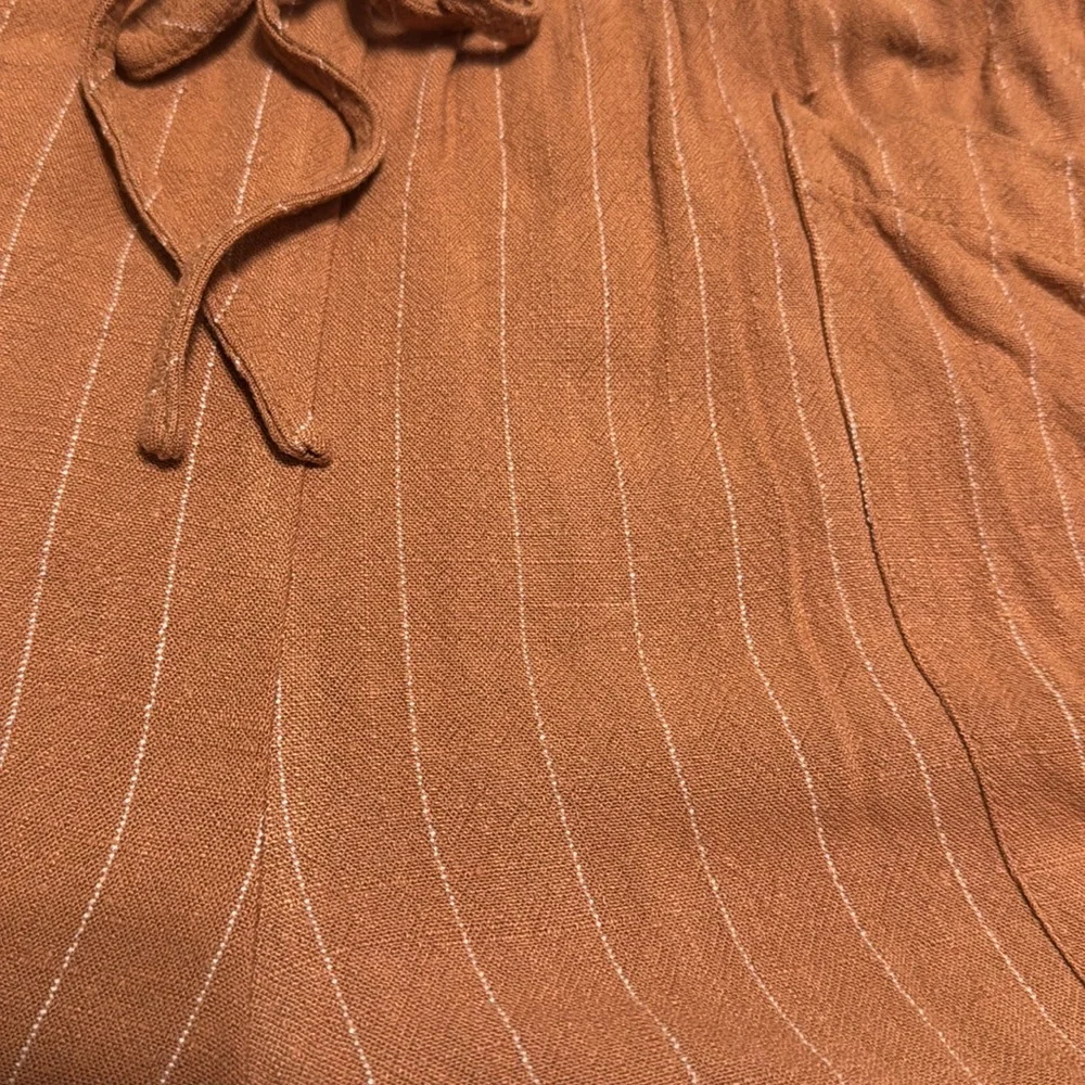 WISHLIST camel colored pinstripe paper bag shorts